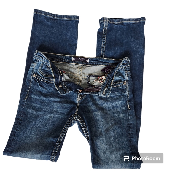 Vigoss Bootcut Blue Denim 5-Pocketed Double Stitch Embellished Womens Jeans 3/4 - Picture 5 of 12